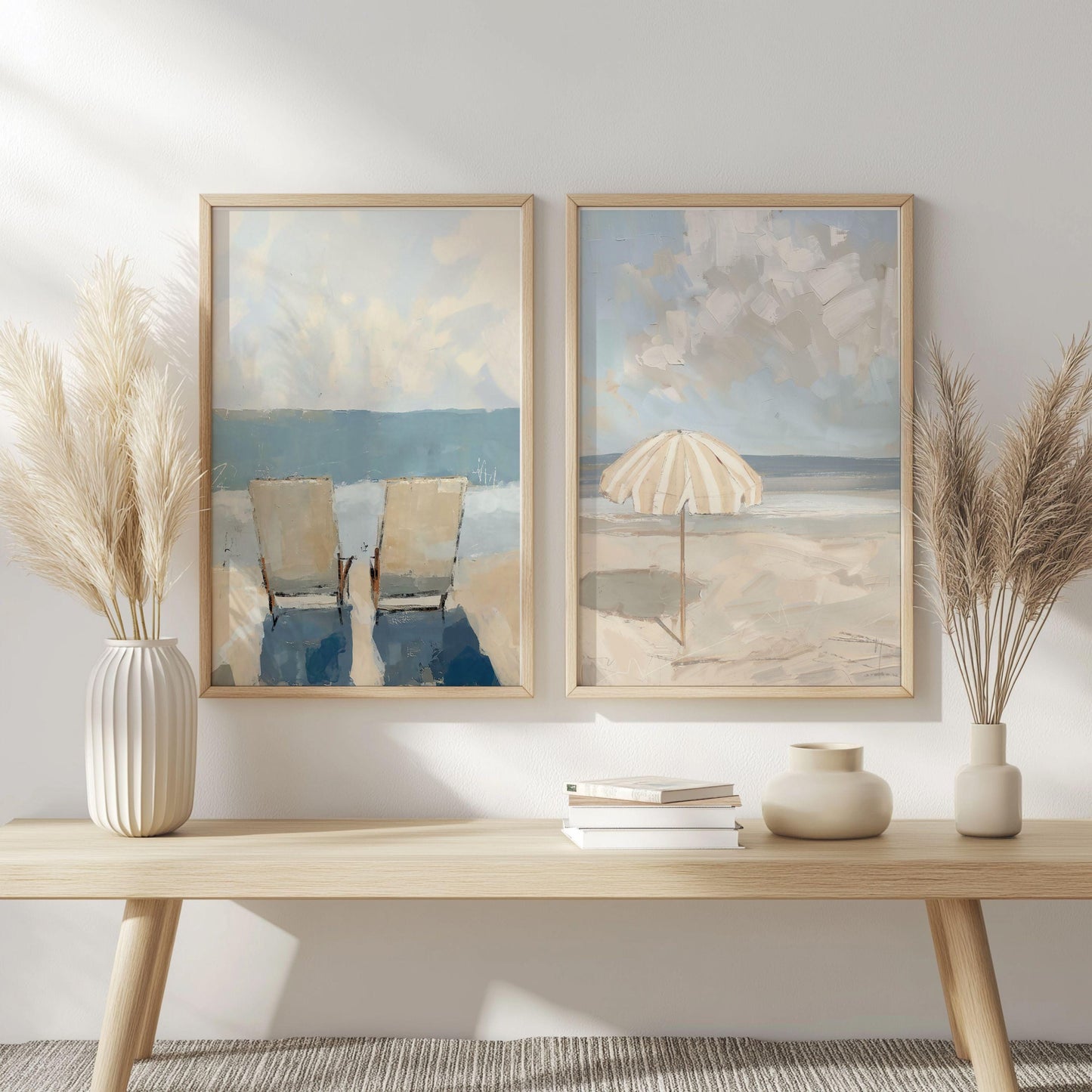 Set of Two Beach Wall Art Prints Neutral Tone Modern Coastal Paintings Summer Seaside Wall Decor, SallieO Giclee Canvas Prints