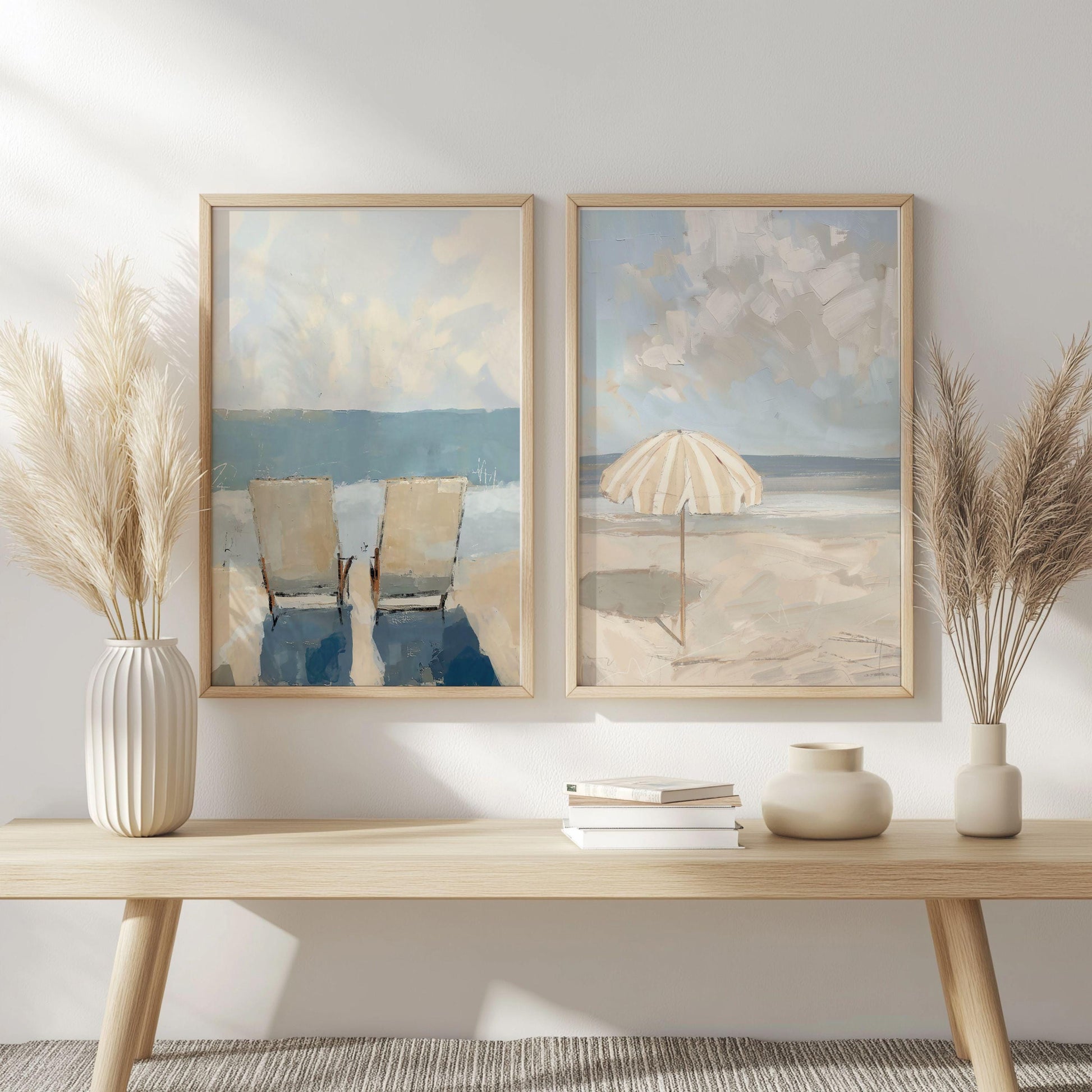 Set of Two Beach Wall Art Prints Neutral Tone Modern Coastal Paintings Summer Seaside Wall Decor, SallieO Giclee Canvas Prints