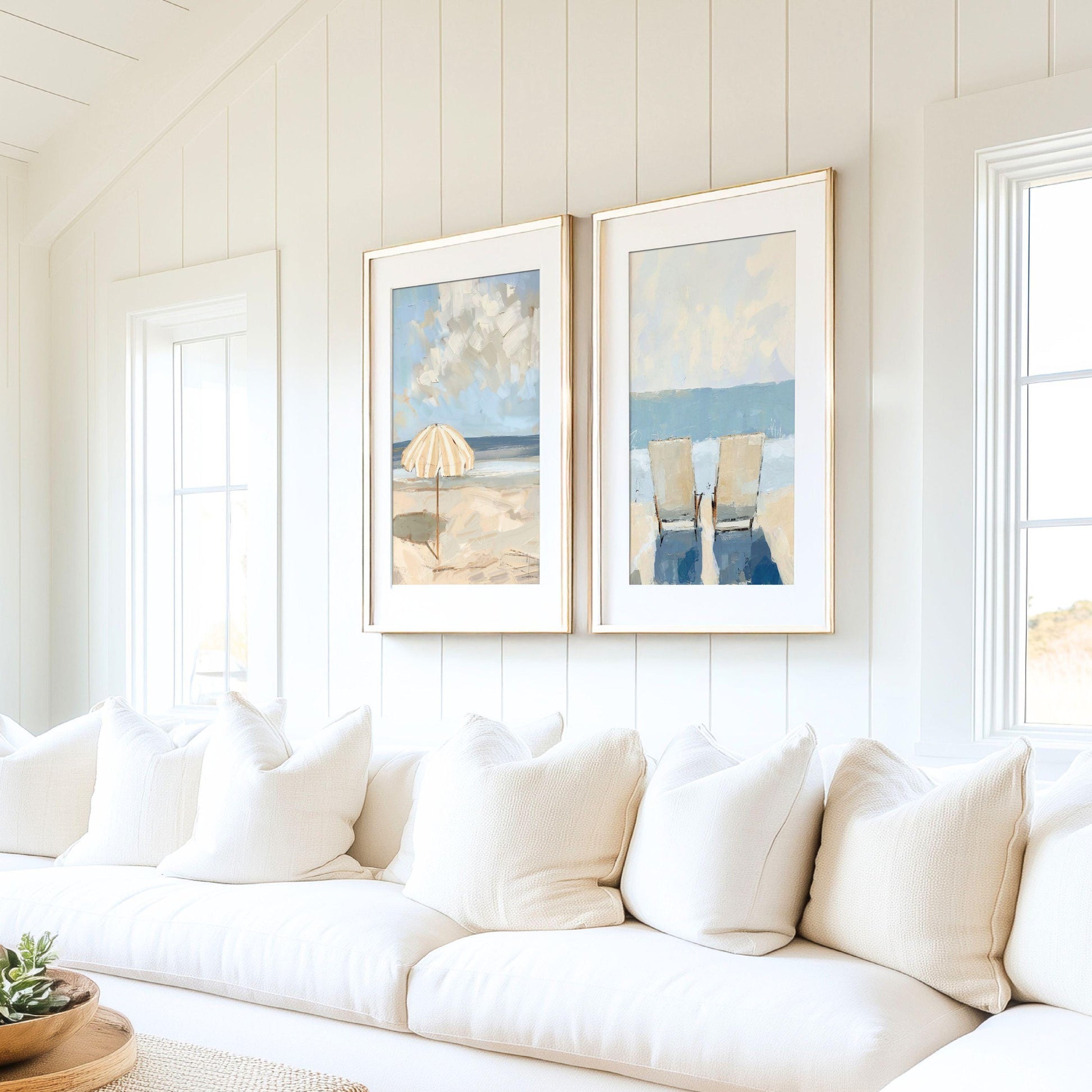Set of Two Beach Wall Art Prints Neutral Tone Modern Coastal Paintings Summer Seaside Wall Decor, SallieO Giclee Canvas Prints