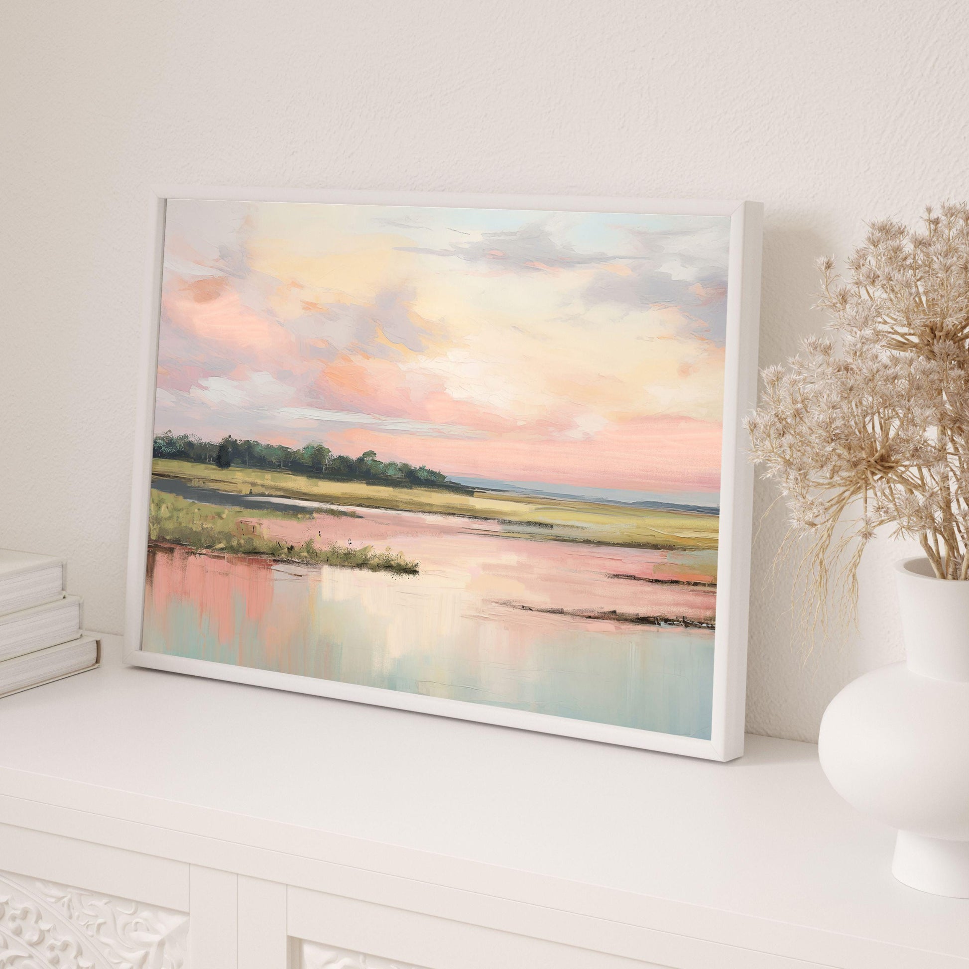 Pastel Marsh Landscape Wall Art Print Soft Coastal Pink Sky Nature Painting, Southern Marshland Fine Art Print, Carolina Sunset