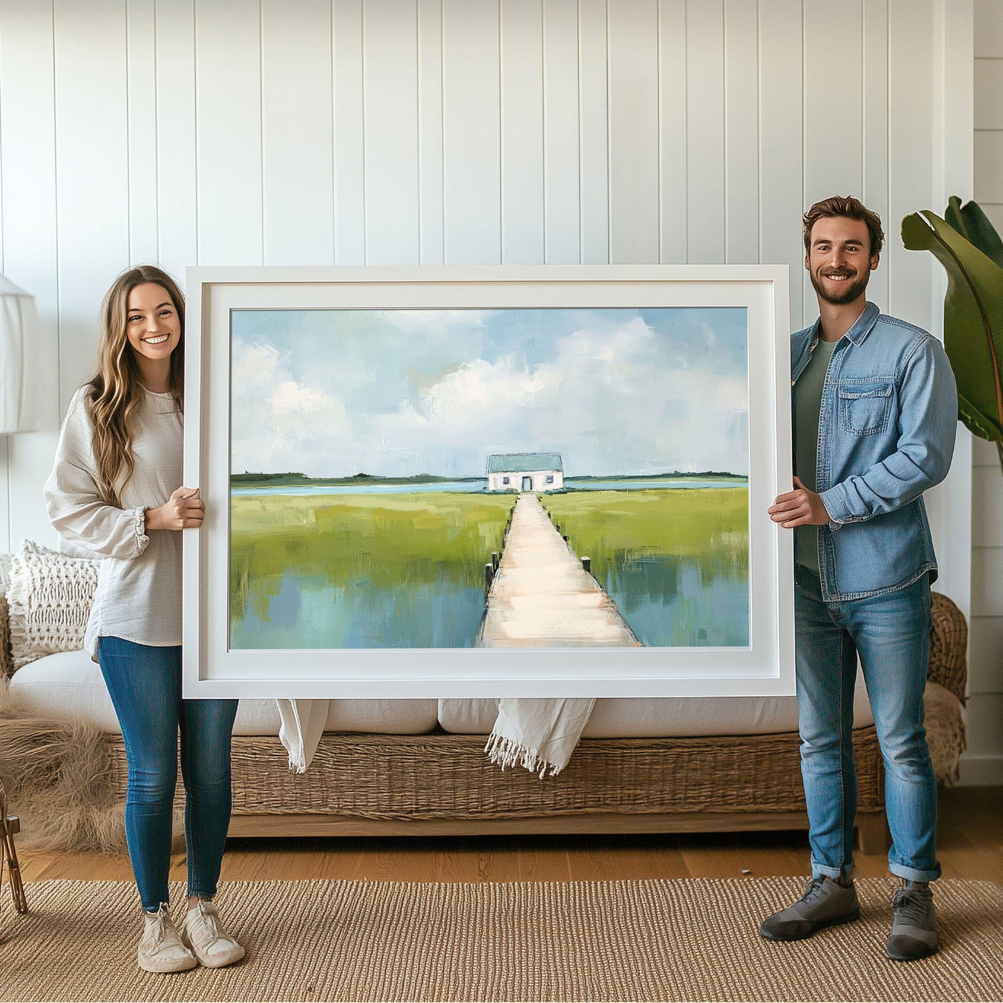 Coastal Marsh Landscape Art Print, Cottagecore Wall Art, Aqua Blue and Green Summer Painting, Boho Coastal Style, SallieO
