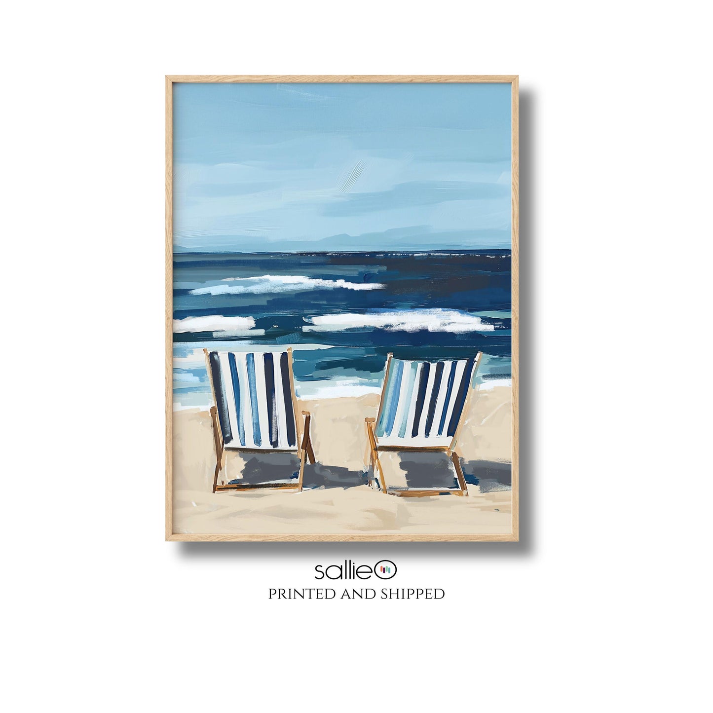 Coastal Wall Art, Nautical Decor, Ocean Painting, Blue Stripe Beach Chair Summer Print, Relaxing Beach Scene, SallieO