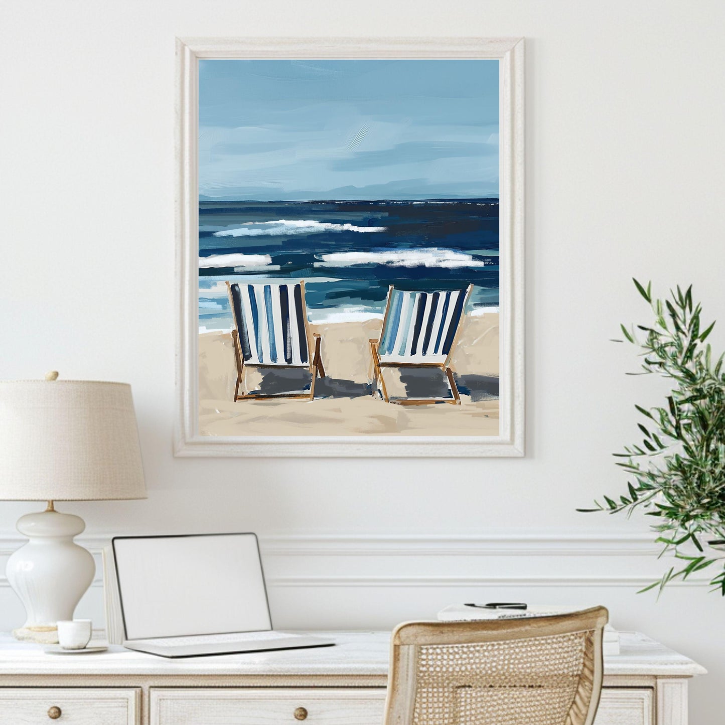 Coastal Wall Art, Nautical Decor, Ocean Painting, Blue Stripe Beach Chair Summer Print, Relaxing Beach Scene, SallieO