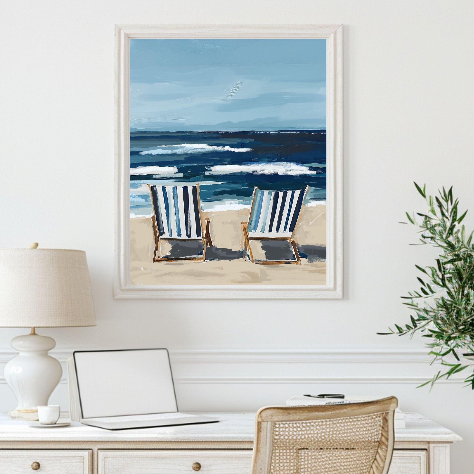 Coastal Wall Art, Nautical Decor, Ocean Painting, Blue Stripe Beach Chair Summer Print, Relaxing Beach Scene, SallieO