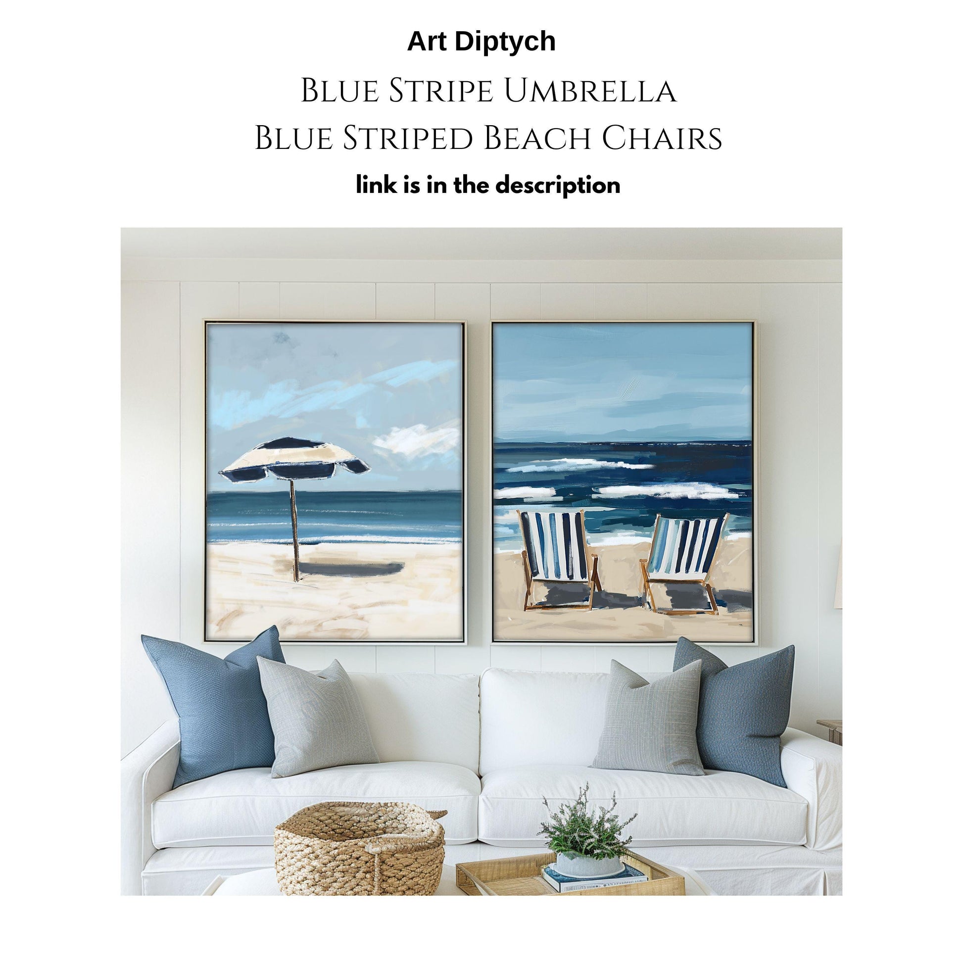 Coastal Wall Art, Nautical Decor, Ocean Painting, Blue Stripe Beach Chair Summer Print, Relaxing Beach Scene, SallieO