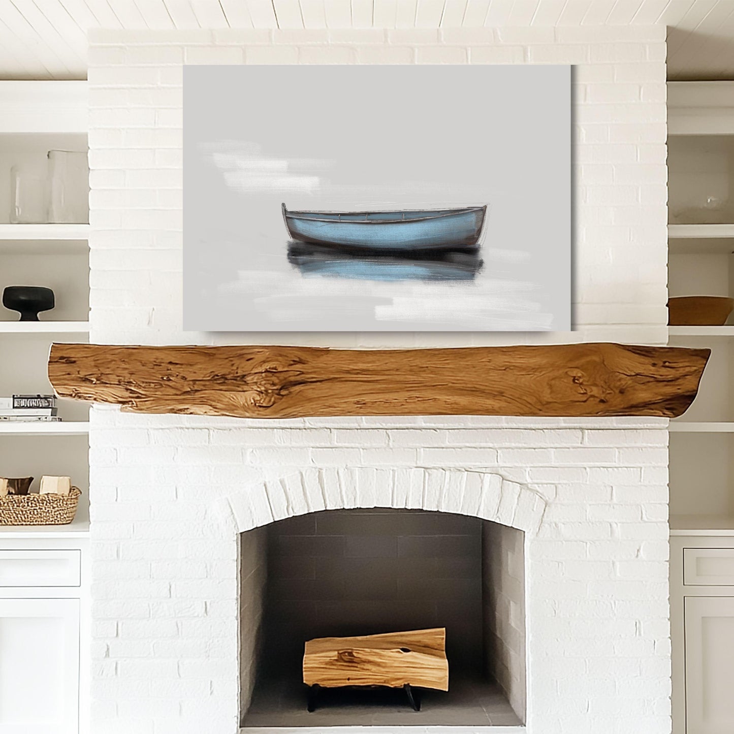 Minimalist Nautical Blue Boat Wall Art Coastal Inspired Print Art for Beach House Living Room Decor, Museum Quality Canvas Prints by SallieO