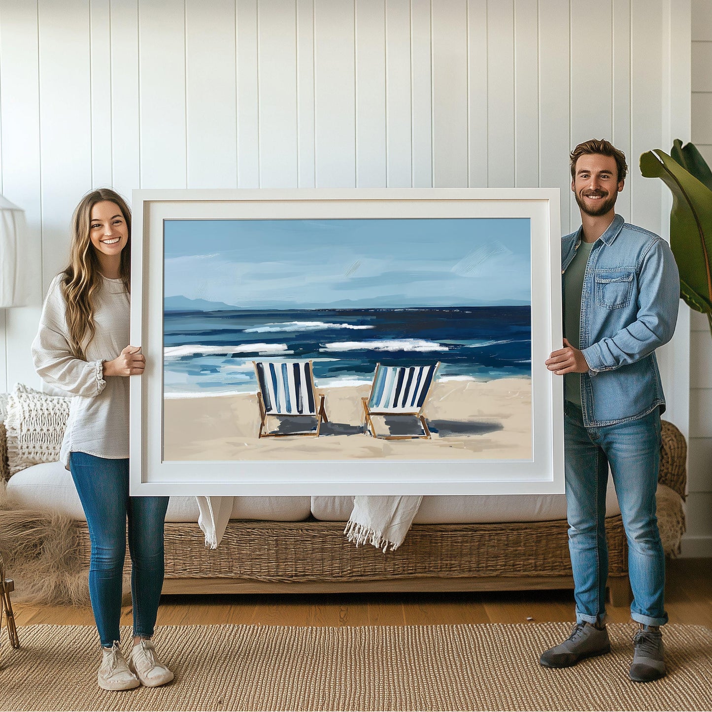Coastal Wall Art, Seaside Ocean Print, Nautical Summer Decor, Coastal Living Artwork, Large Family Room Wall Print, Striped Beach Chair Art