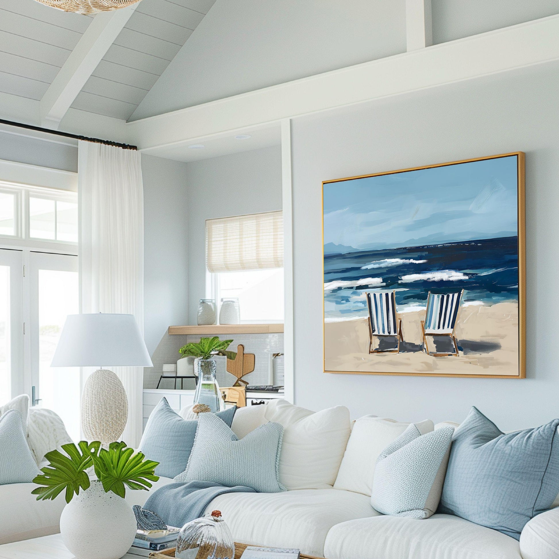 Coastal Wall Art, Seaside Ocean Print, Nautical Summer Decor, Coastal Living Artwork, Large Family Room Wall Print, Striped Beach Chair Art
