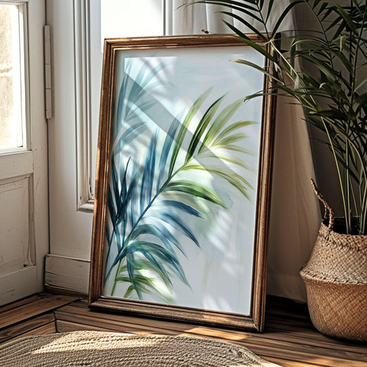 Tropical Wall Art Palm Leaf Print in Blue and Green, Coastal Botanical Decor, Boho Beach House Artwork, Watercolor Wall Art, Palm Frond One