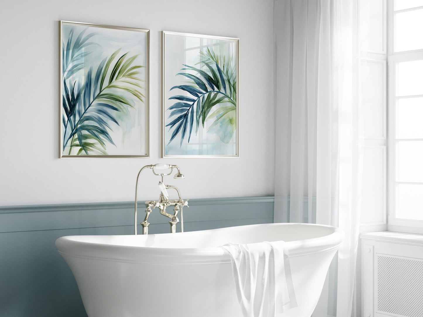 Tropical Wall Art Palm Leaf Print in Blue and Green, Coastal Botanical Decor, Boho Beach House Artwork, Watercolor Wall Art, Palm Frond One