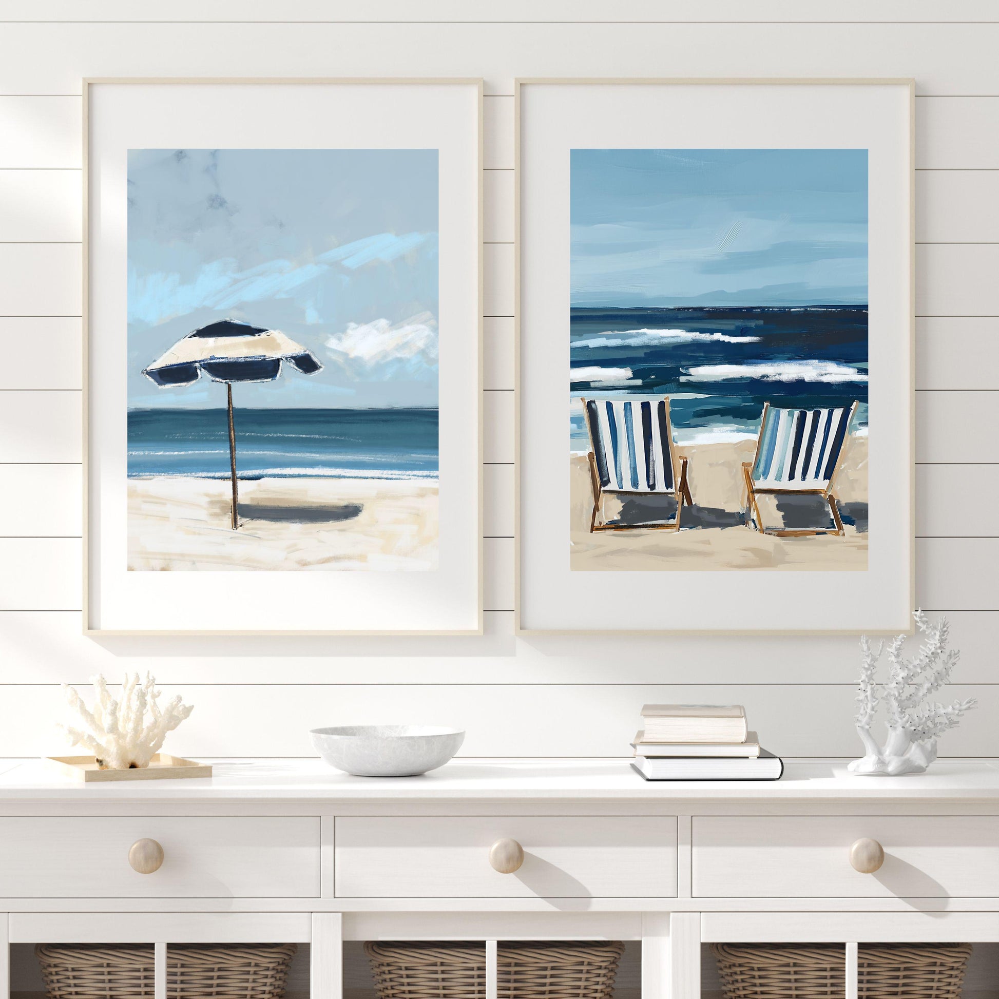 Set of Two Beach Wall Art Prints Navy Blue Modern Coastal Paintings Summer Seaside Wall Decor, SallieO Giclee Canvas Prints