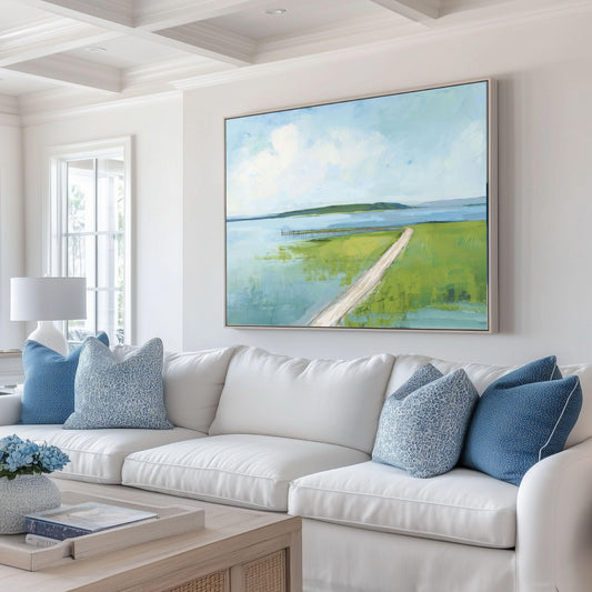 Marsh Landscape Wall Art, Blue and Green Coastal Painting, Family Room Art, Cottagecore decor, Roads of the Eastern Shore 4, SallieO