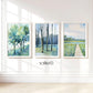 Set of 3 Blue Green Landscape Wall Art Prints, Modern Peaceful Impressionist Decor, Tree and Meadow Paintings, Blue Green Triptych SallieO