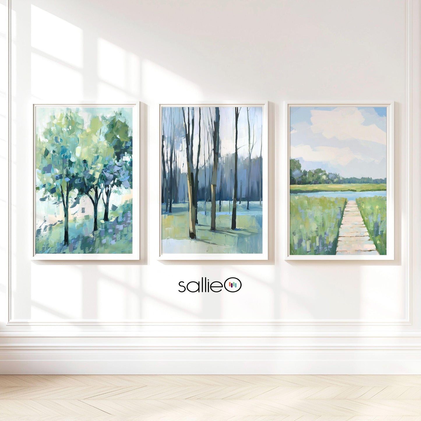 Set of 3 Blue Green Landscape Wall Art Prints, Modern Peaceful Impressionist Decor, Tree and Meadow Paintings, Blue Green Triptych SallieO