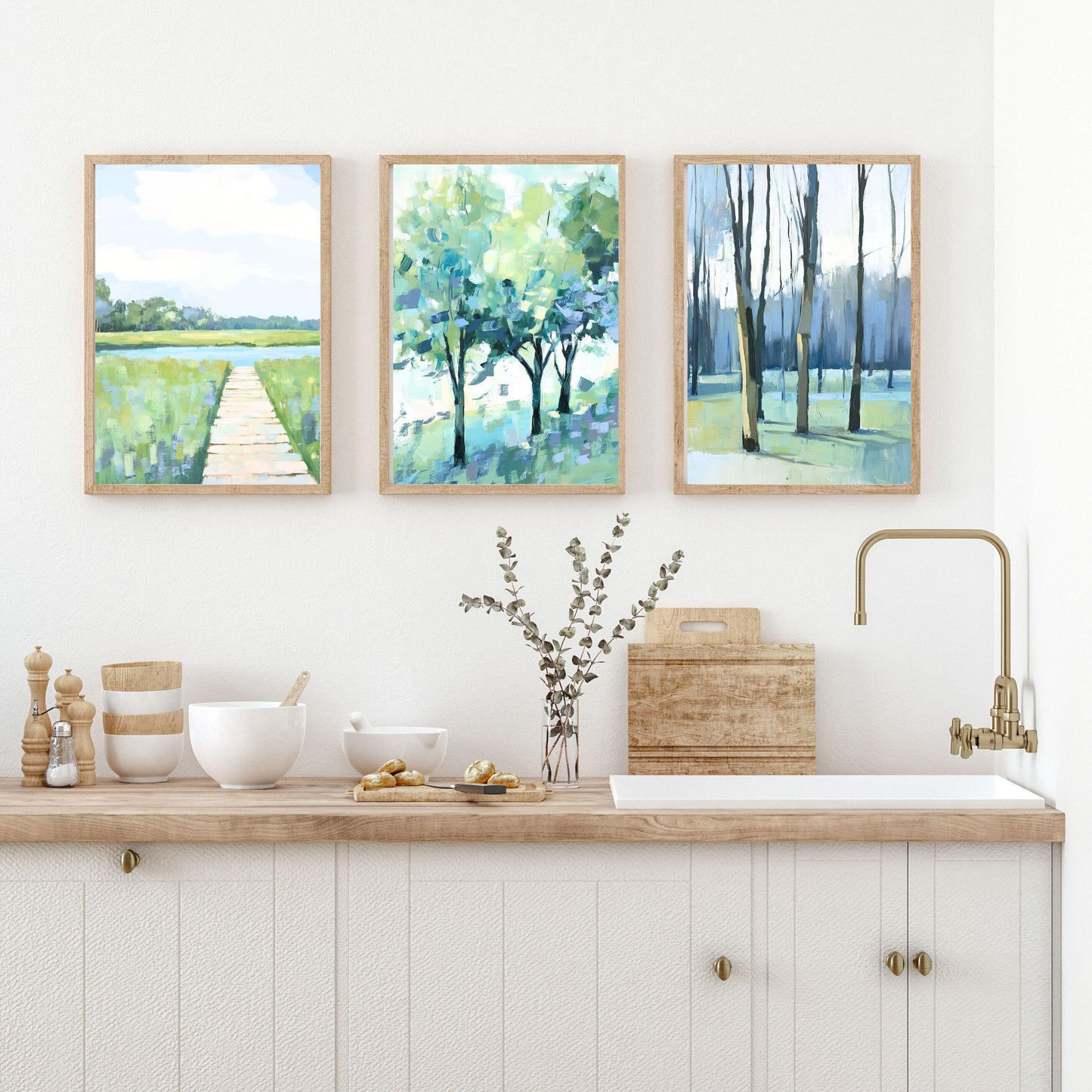 Set of 3 Blue Green Landscape Wall Art Prints, Modern Peaceful Impressionist Decor, Tree and Meadow Paintings, Blue Green Triptych SallieO