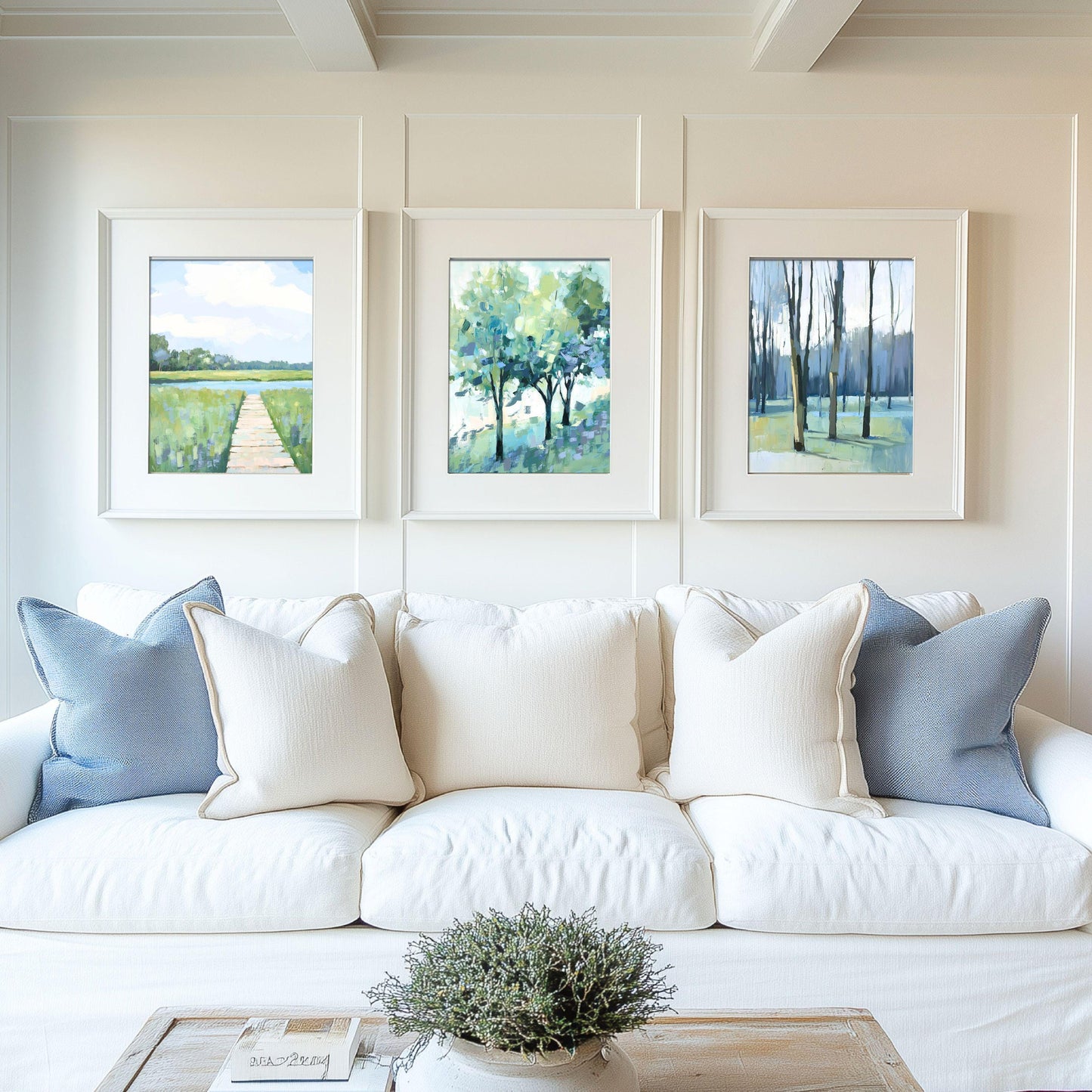 Set of 3 Blue Green Landscape Wall Art Prints, Modern Peaceful Impressionist Decor, Tree and Meadow Paintings, Blue Green Triptych SallieO