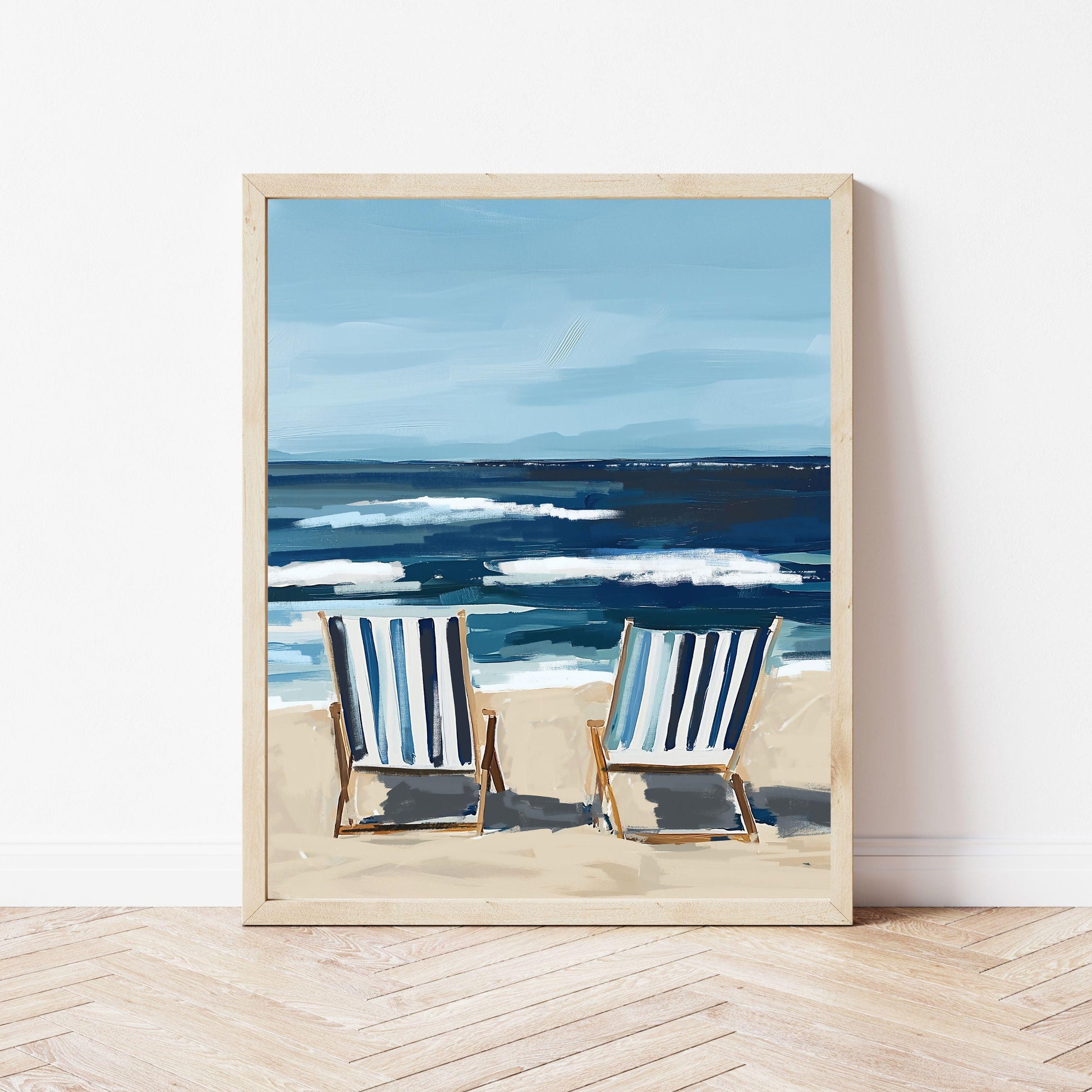 Coastal Wall Art, Nautical Decor, Ocean Painting, Blue Stripe Beach Chair Summer Print, Relaxing Beach Scene, SallieO