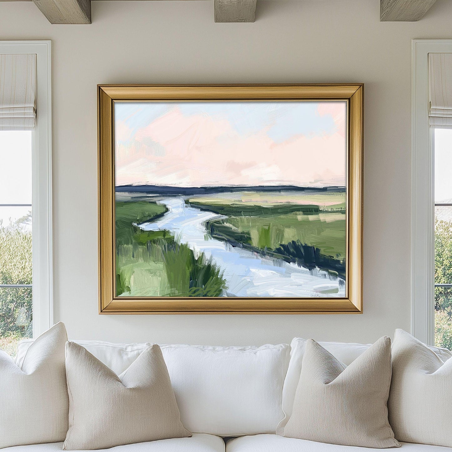 Marshland Coastal Wall Art Print Pink Sky Artwork Lowcountry Wall Decor Pink and Green Tones Family Room Art, Oyster Cove 2 SallieO