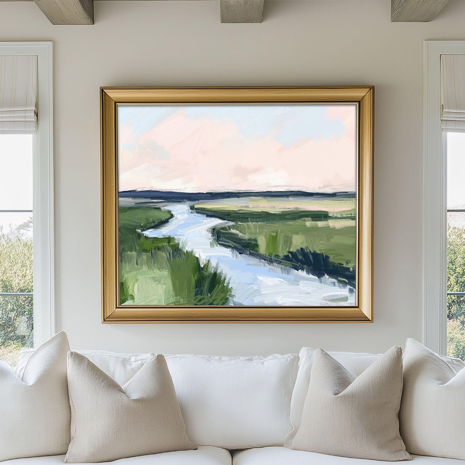 Marshland Coastal Wall Art Print Pink Sky Artwork Lowcountry Wall Decor Pink and Green Tones Family Room Art, Oyster Cove 2 SallieO