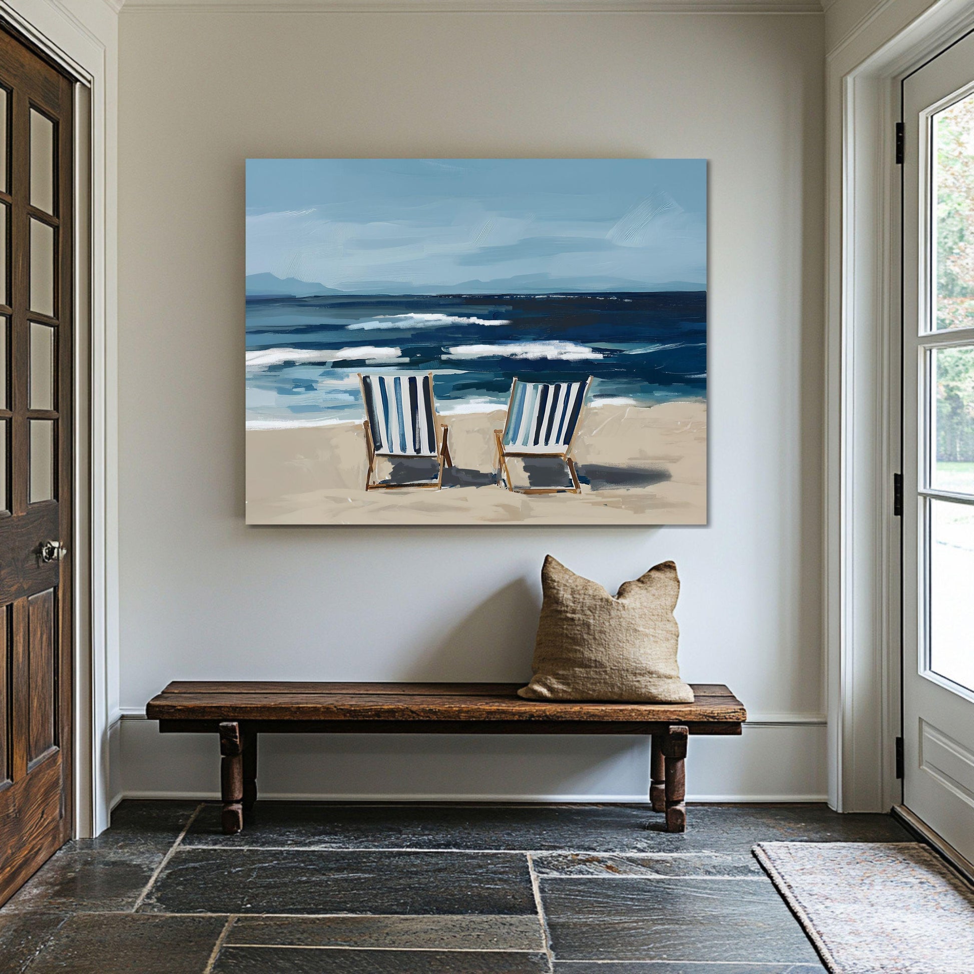 Coastal Wall Art, Seaside Ocean Print, Nautical Summer Decor, Coastal Living Artwork, Large Family Room Wall Print, Striped Beach Chair Art