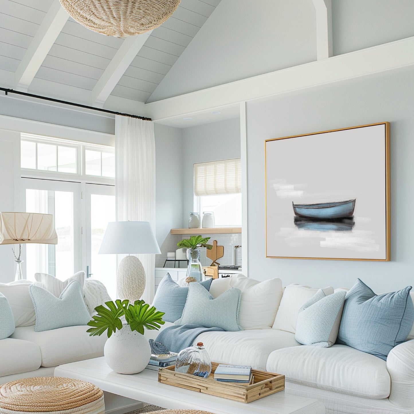 May include: A white couch with blue pillows in a living room with a large framed painting of a blue boat on a white background. The painting is hanging on a light blue wall. The couch is in front of a large window with white curtains. There is a coffee table in front of the couch with a plant and a basket of books on it.