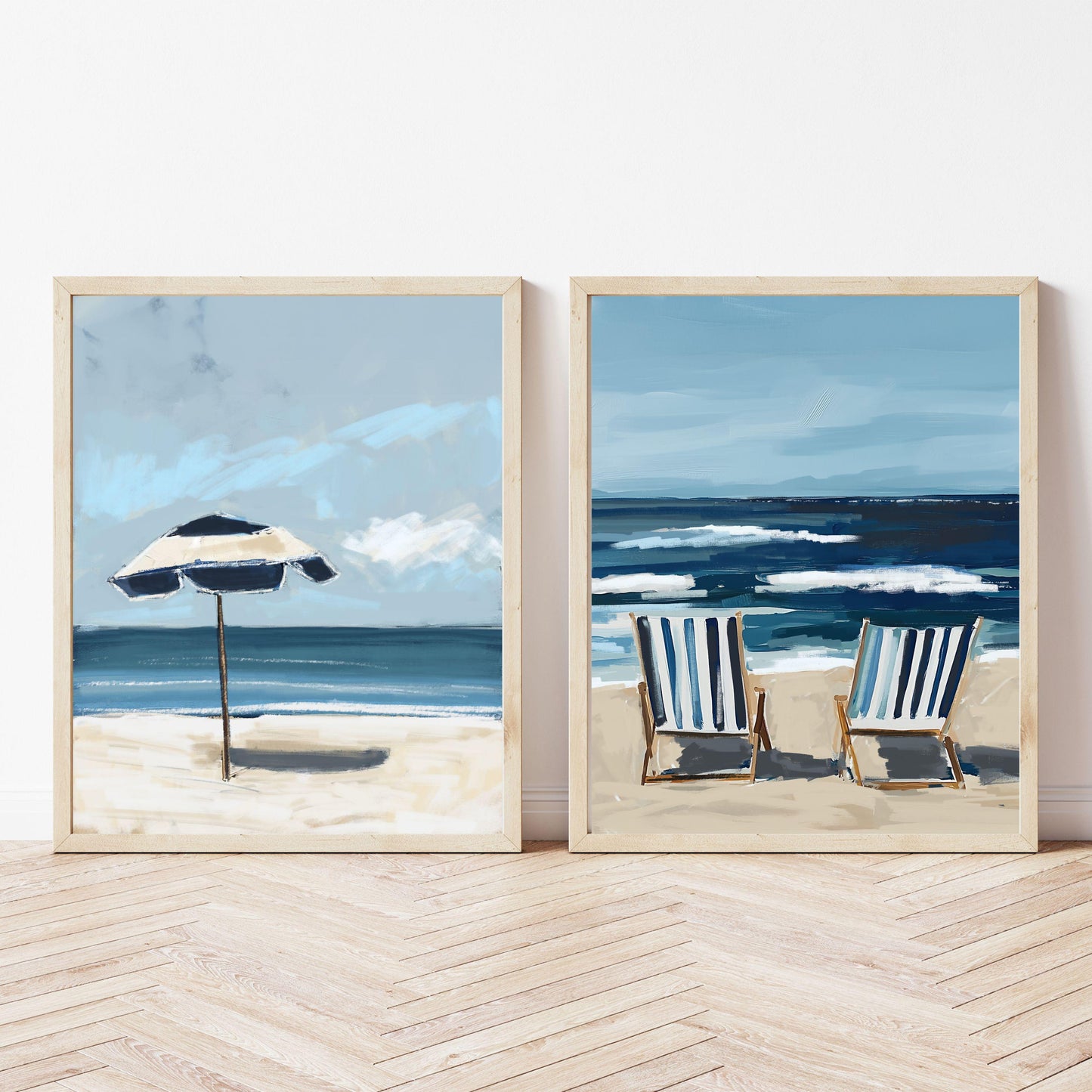 Set of Two Beach Wall Art Prints Navy Blue Modern Coastal Paintings Summer Seaside Wall Decor, SallieO Giclee Canvas Prints