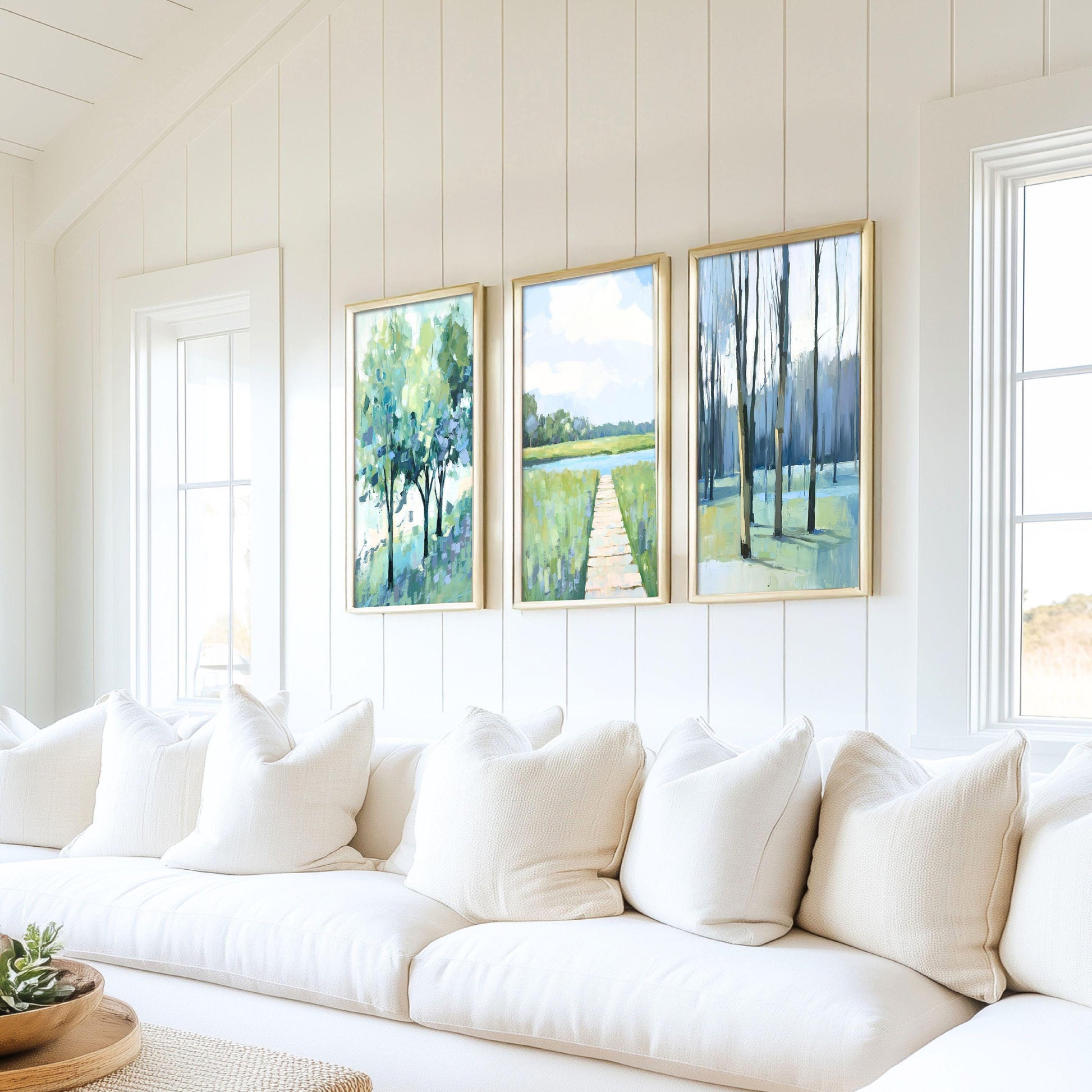 Set of 3 Blue Green Landscape Wall Art Prints, Modern Peaceful Impressionist Decor, Tree and Meadow Paintings, Blue Green Triptych SallieO