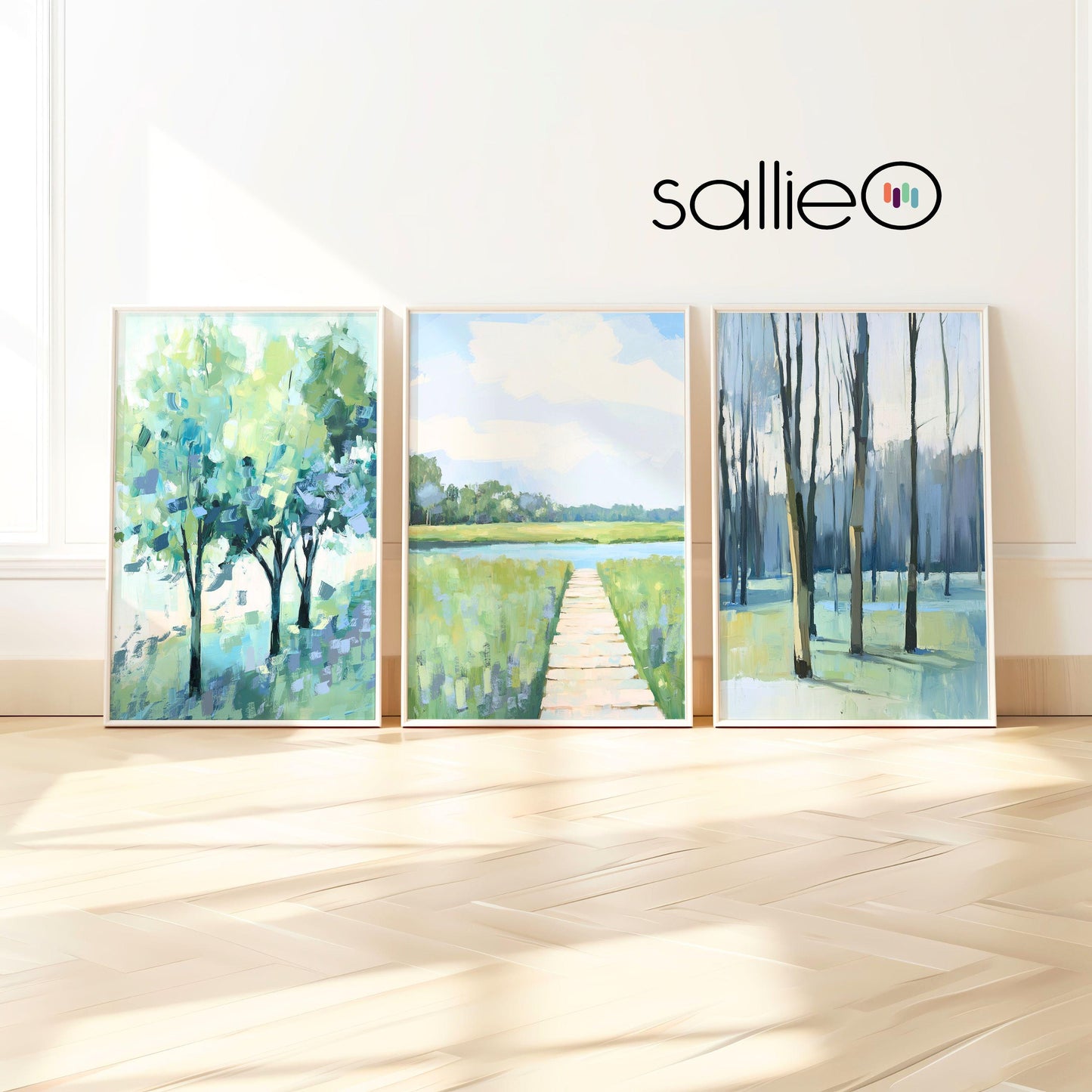 Set of 3 Blue Green Landscape Wall Art Prints, Modern Peaceful Impressionist Decor, Tree and Meadow Paintings, Blue Green Triptych SallieO