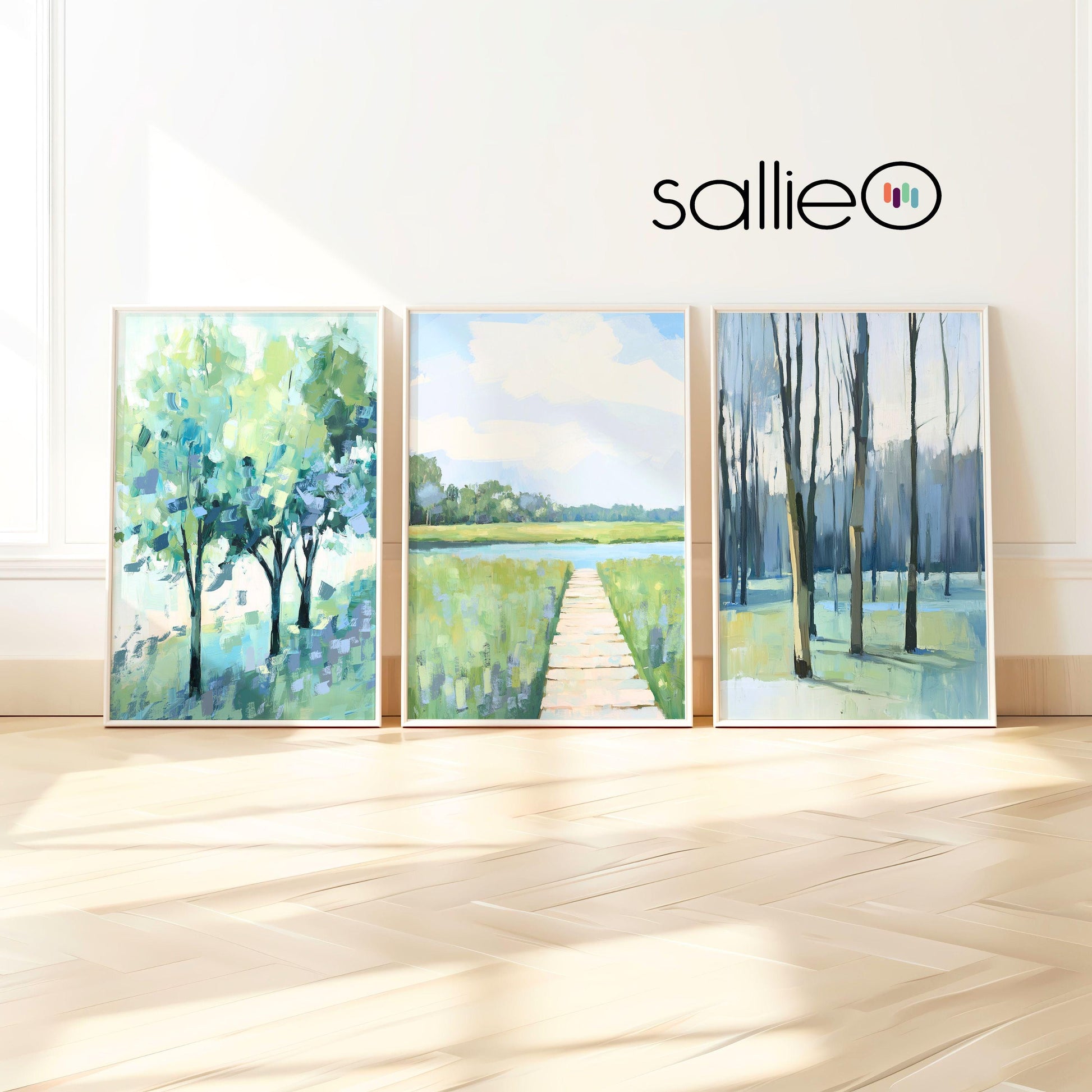 Set of 3 Blue Green Landscape Wall Art Prints, Modern Peaceful Impressionist Decor, Tree and Meadow Paintings, Blue Green Triptych SallieO