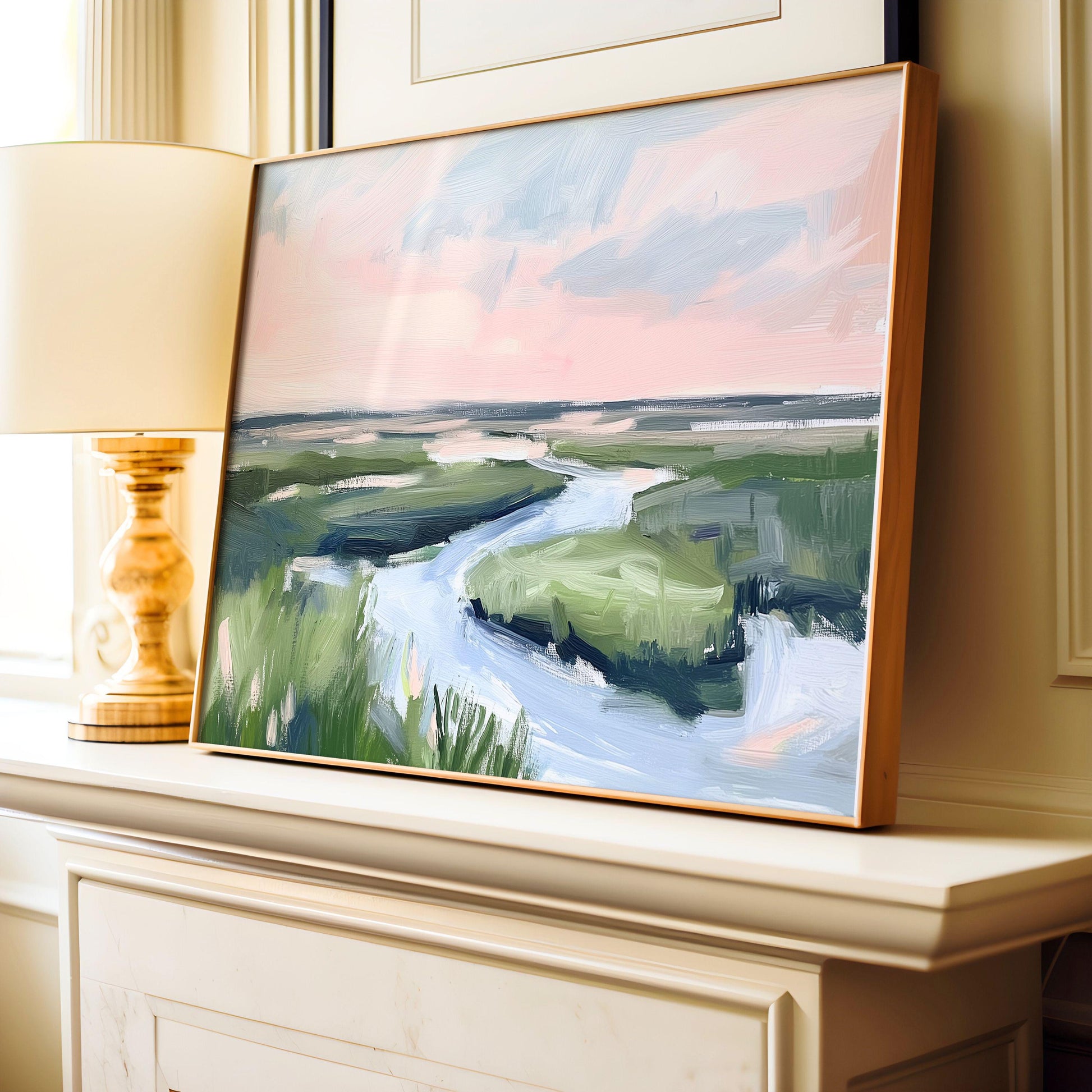 Pink and Green Marsh Landscape Wall Art, Coastal Marshland Painting, Impressionist River Print, Nature Inspired Art, Oyster Cove No 3