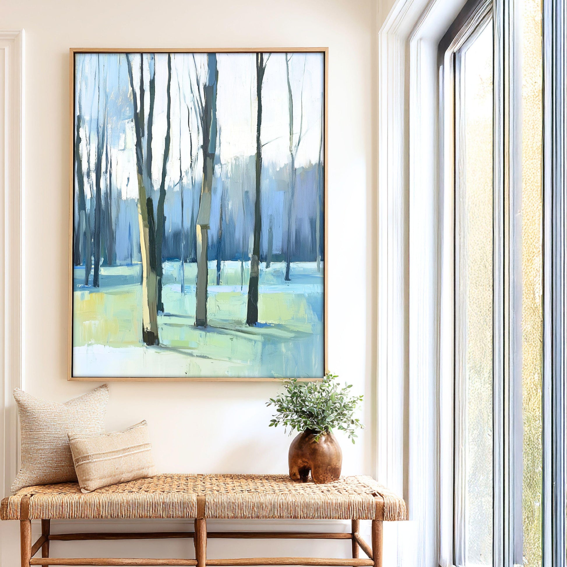Impressionist Landscape Print, Blue and Green Trees Soft Pastel Artwork, Peaceful Nature Print, Spring Tree Wall Art, Early Trees, SallieO