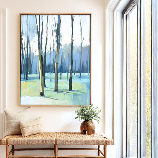 Impressionist Landscape Print, Blue and Green Trees Soft Pastel Artwork, Peaceful Nature Print, Spring Tree Wall Art, Early Trees, SallieO
