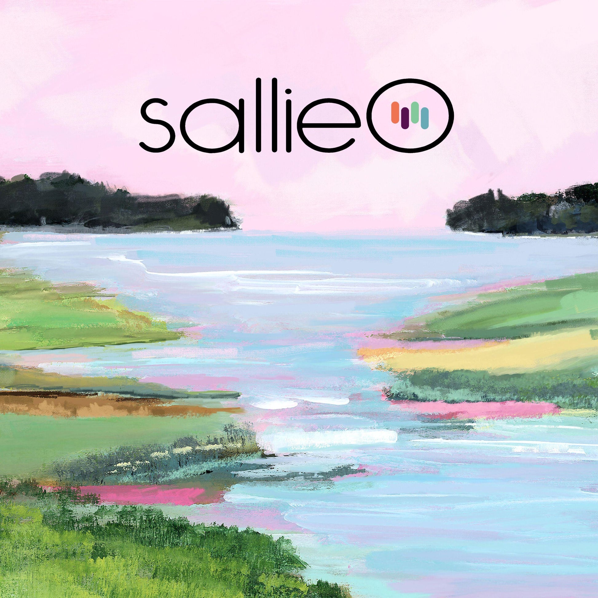 Pink and Green Coastal Landscape Painting, SallieO Seascape Pink Sky Sunset on Waterfalls Fine Art Print, Pastel Wall Art, Pink Green Blue,