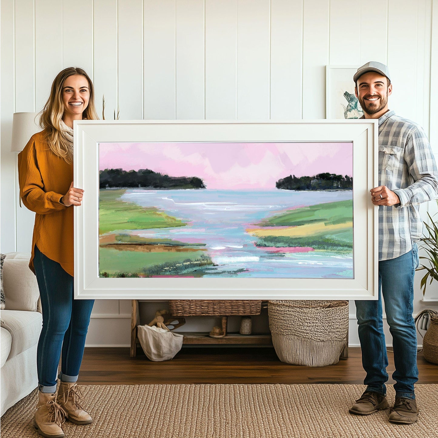 Pink and Green Coastal Landscape Painting, SallieO Seascape Pink Sky Sunset on Waterfalls Fine Art Print, Pastel Wall Art, Pink Green Blue,