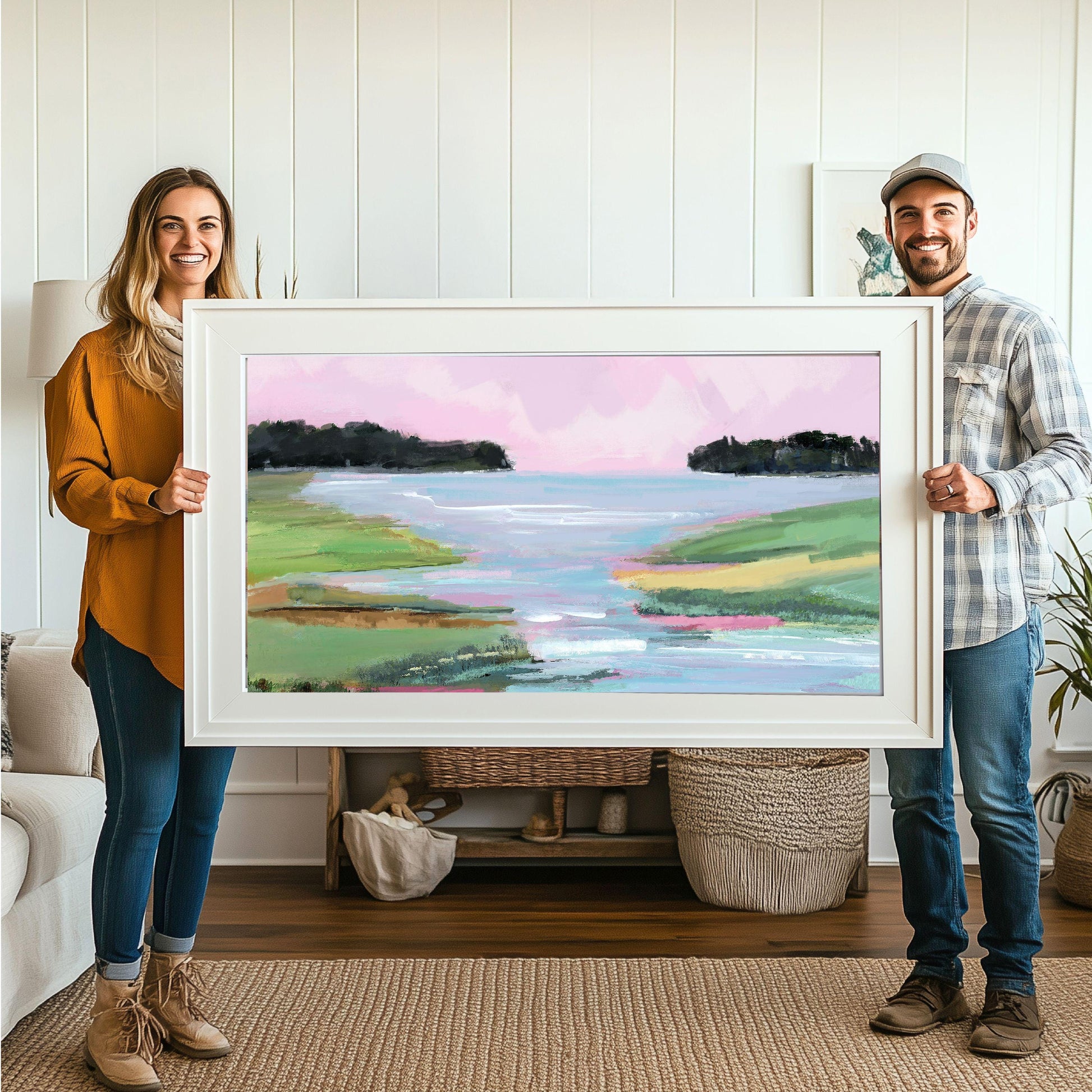 Pink and Green Coastal Landscape Painting, SallieO Seascape Pink Sky Sunset on Waterfalls Fine Art Print, Pastel Wall Art, Pink Green Blue,