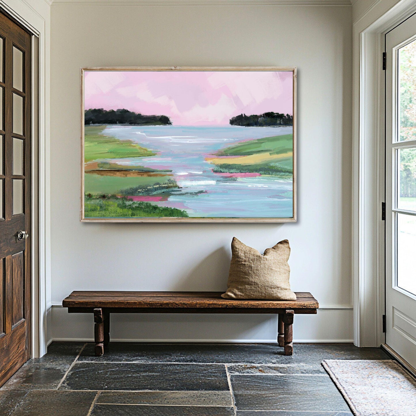 Pink and Green Coastal Landscape Painting, SallieO Seascape Pink Sky Sunset on Waterfalls Fine Art Print, Pastel Wall Art, Pink Green Blue,