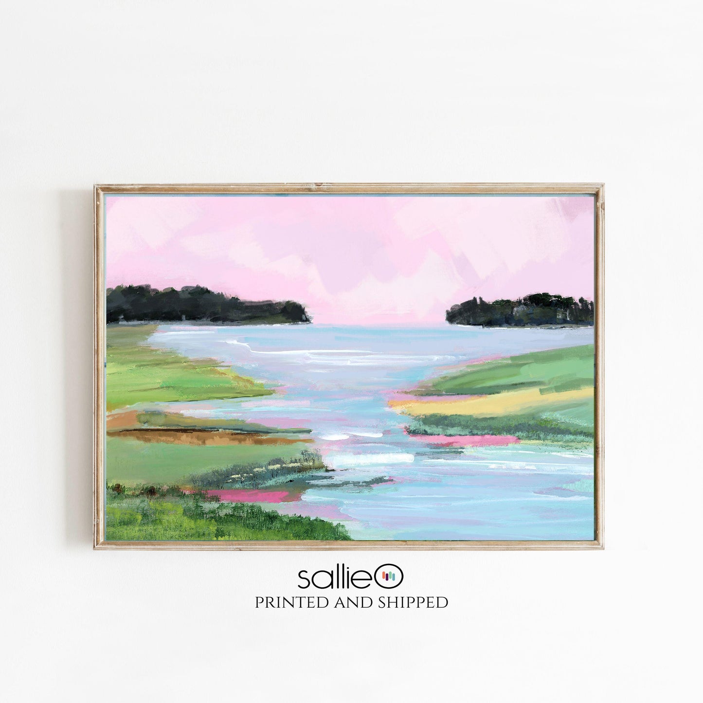 Pink and Green Coastal Landscape Painting, SallieO Seascape Pink Sky Sunset on Waterfalls Fine Art Print, Pastel Wall Art, Pink Green Blue,