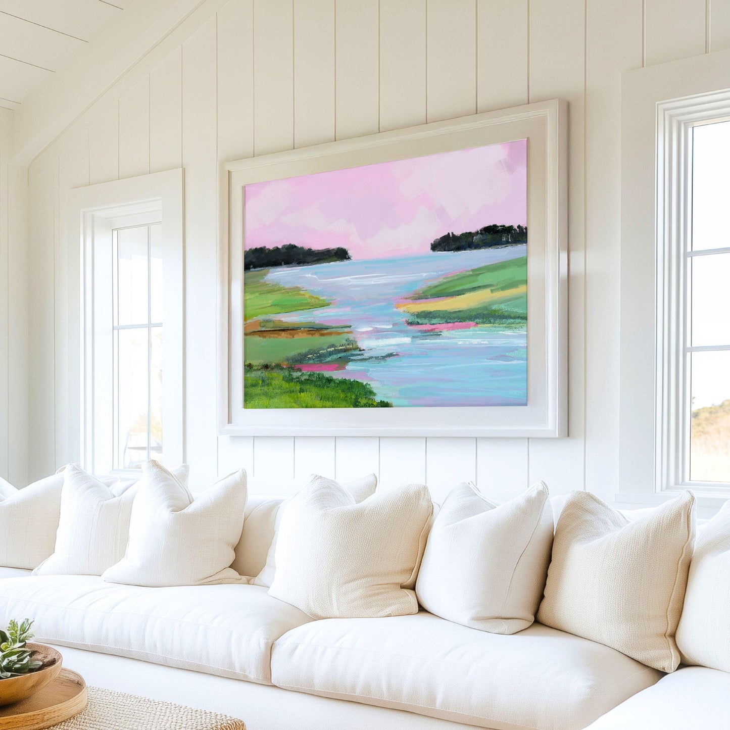 Pink and Green Coastal Landscape Painting, SallieO Seascape Pink Sky Sunset on Waterfalls Fine Art Print, Pastel Wall Art, Pink Green Blue,