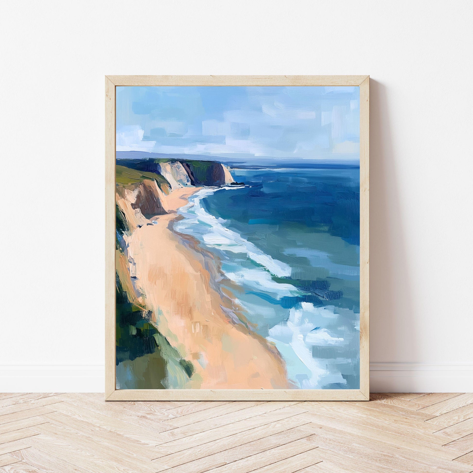 Pacific Ocean Cliff Art Print, Modern Beach House Decor, Vertical Artwork in Wrapped Canvas or Cotton Rag Paper, Framing Available