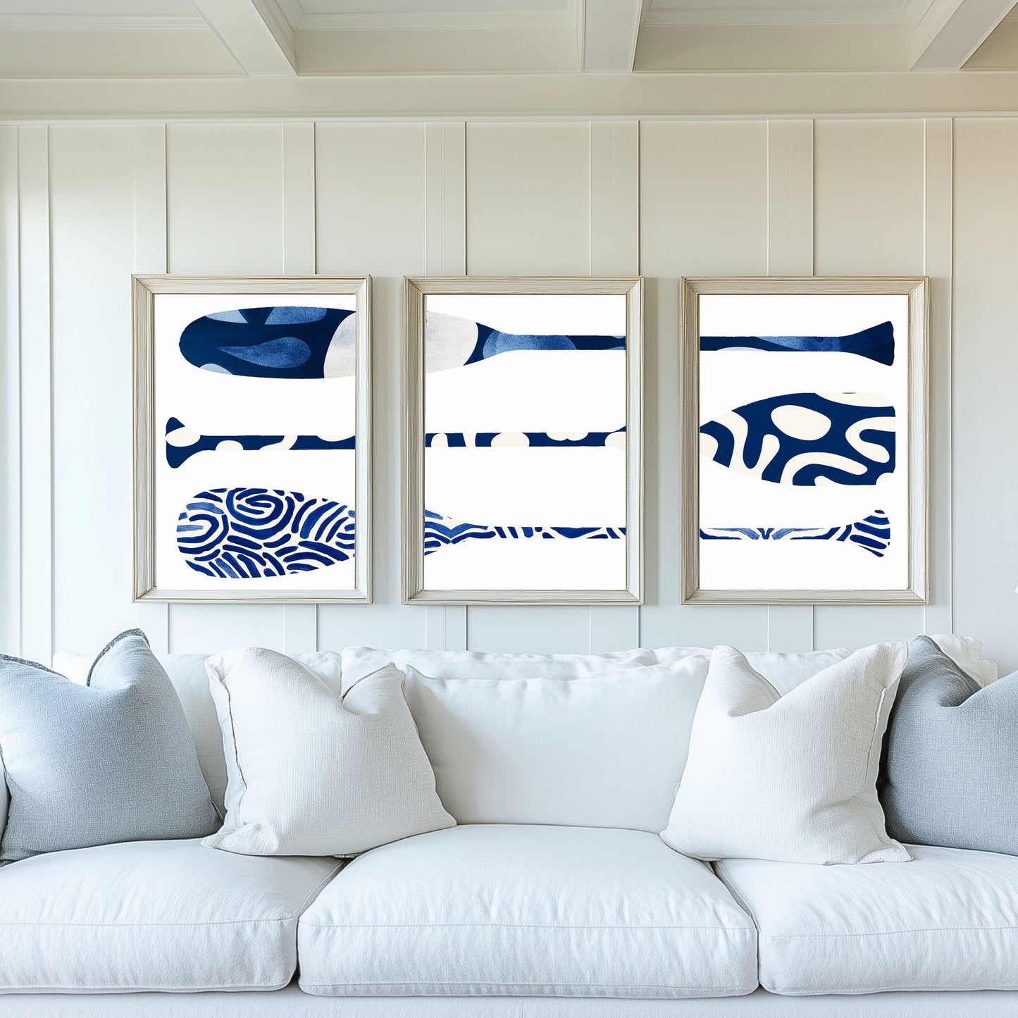 Set of 3 Blue and White Canoe Paddle Prints, Nautical Wall Art Beach House Decor, Family Room Art, Lake House Painting, SallieO