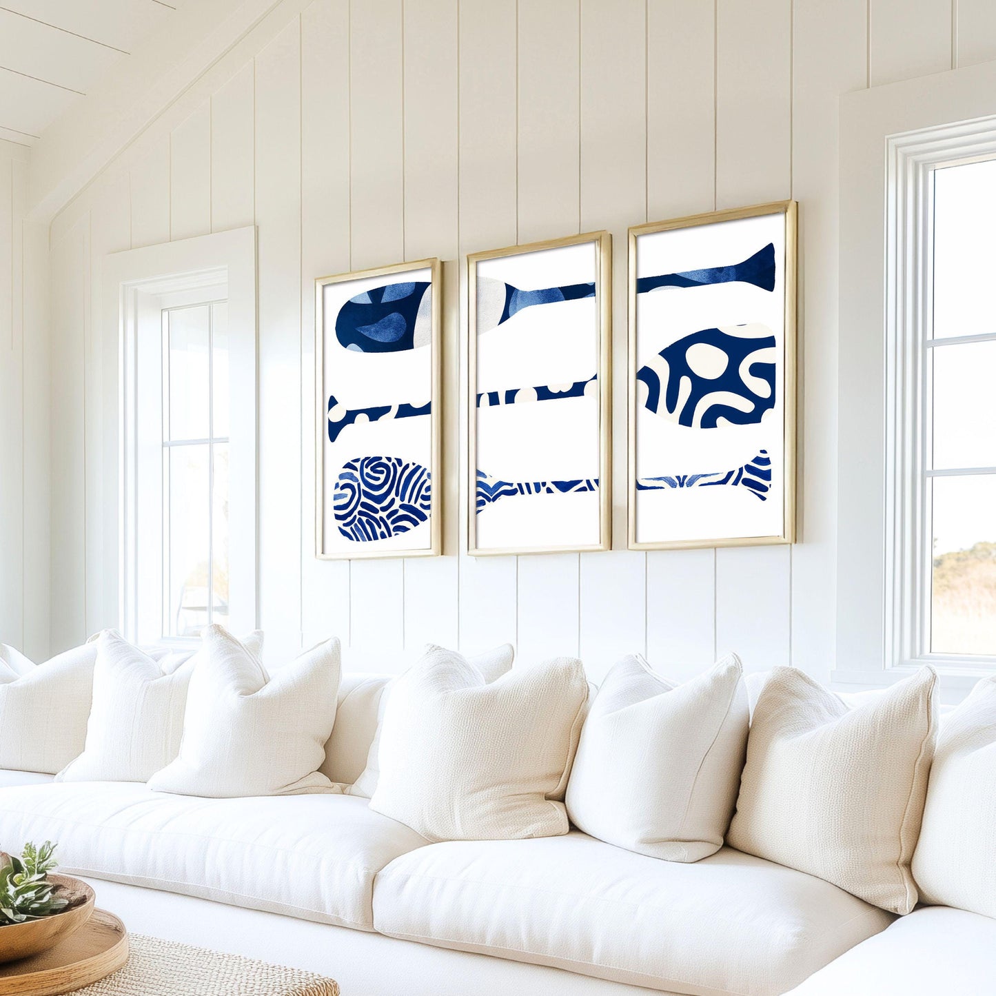 Set of 3 Blue and White Canoe Paddle Prints, Nautical Wall Art Beach House Decor, Family Room Art, Lake House Painting, SallieO
