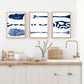Set of 3 Blue and White Canoe Paddle Prints, Nautical Wall Art Beach House Decor, Family Room Art, Lake House Painting, SallieO