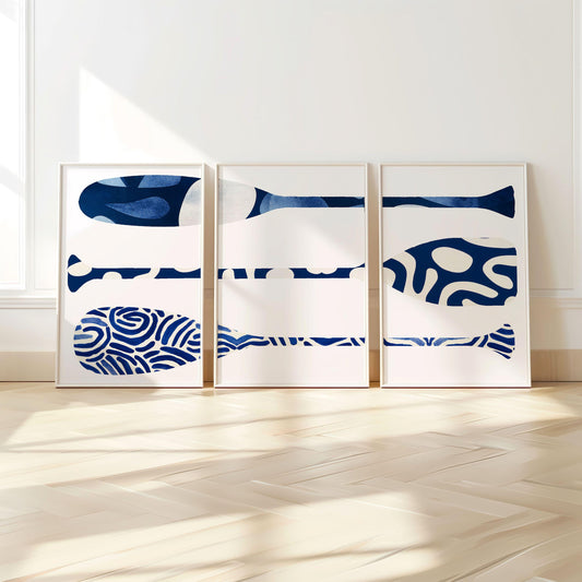 Set of 3 Blue and White Canoe Paddle Prints, Nautical Wall Art Beach House Decor, Family Room Art, Lake House Painting, SallieO