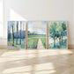 Impressionist Landscape Print, Blue and Green Trees Soft Pastel Artwork, Peaceful Nature Print, Spring Tree Wall Art, Early Trees, SallieO