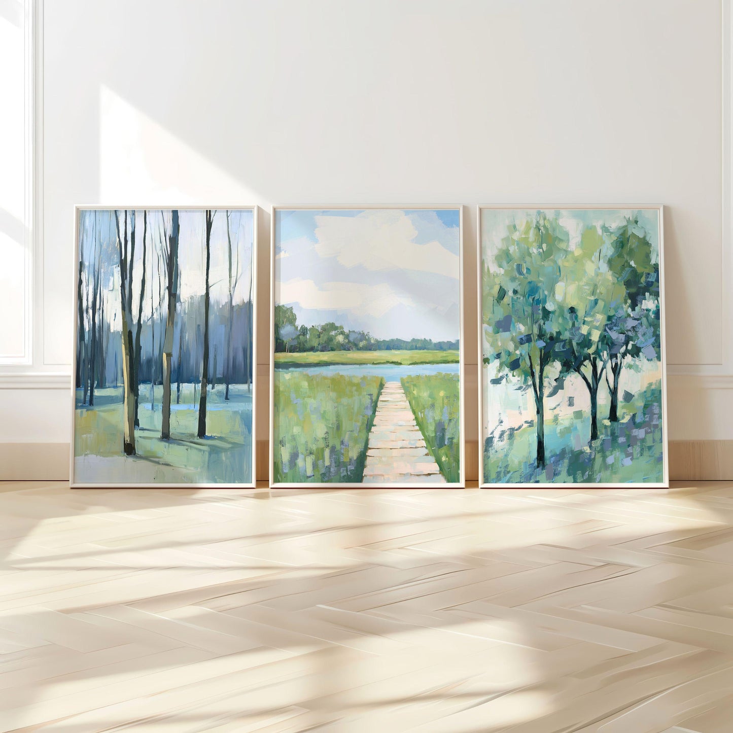 Impressionist Landscape Print, Blue and Green Trees Soft Pastel Artwork, Peaceful Nature Print, Spring Tree Wall Art, Early Trees, SallieO