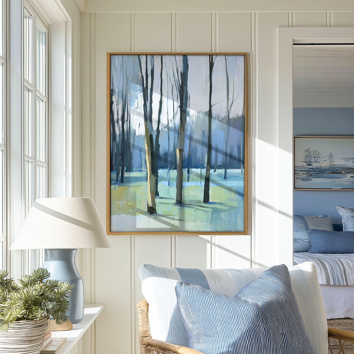 Impressionist Landscape Print, Blue and Green Trees Soft Pastel Artwork, Peaceful Nature Print, Spring Tree Wall Art, Early Trees, SallieO