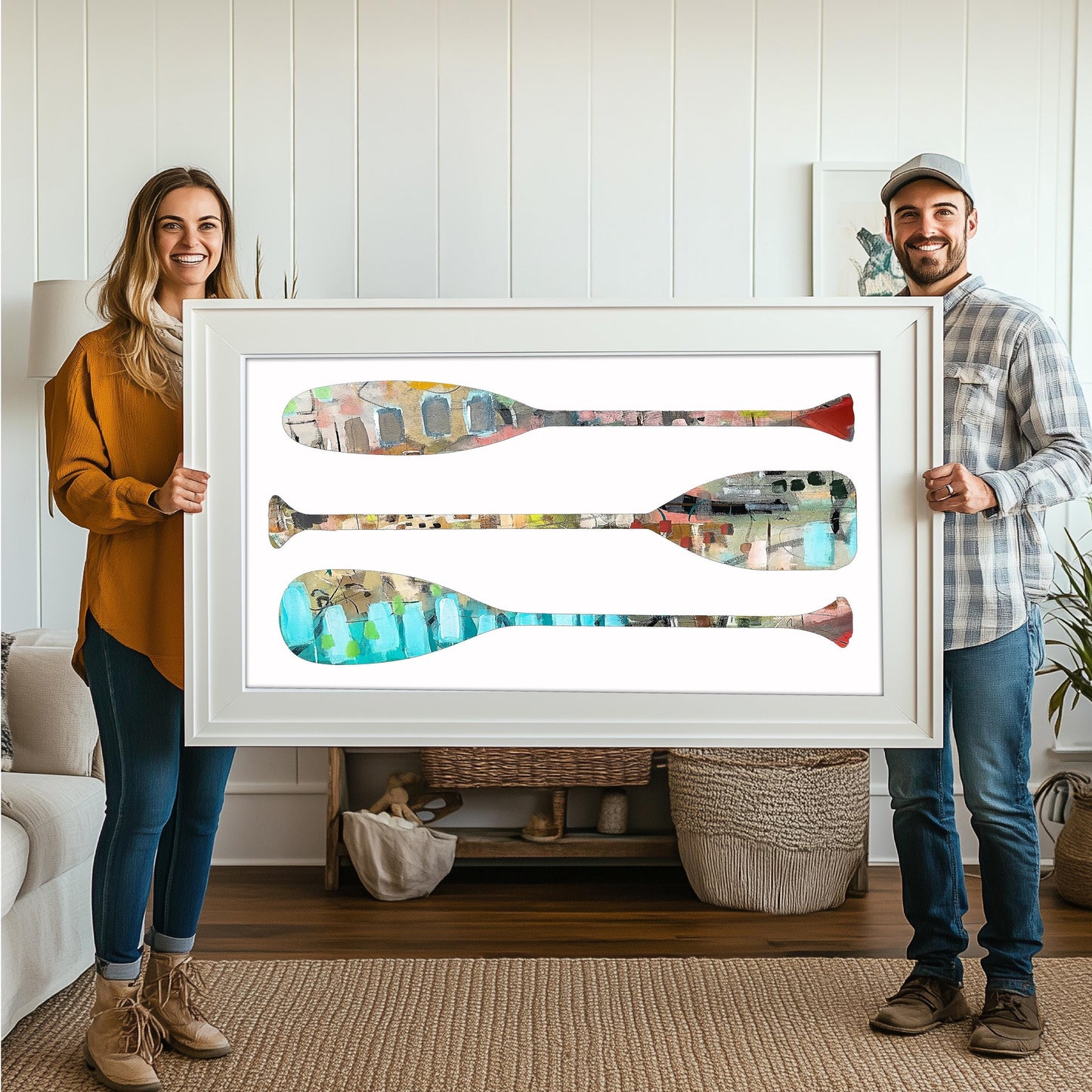 Abstract Nautical Paddle Art Print Colorful Boho Beach House Art, Unique Canoe Oars Filled with Abstract Designs by SallieO