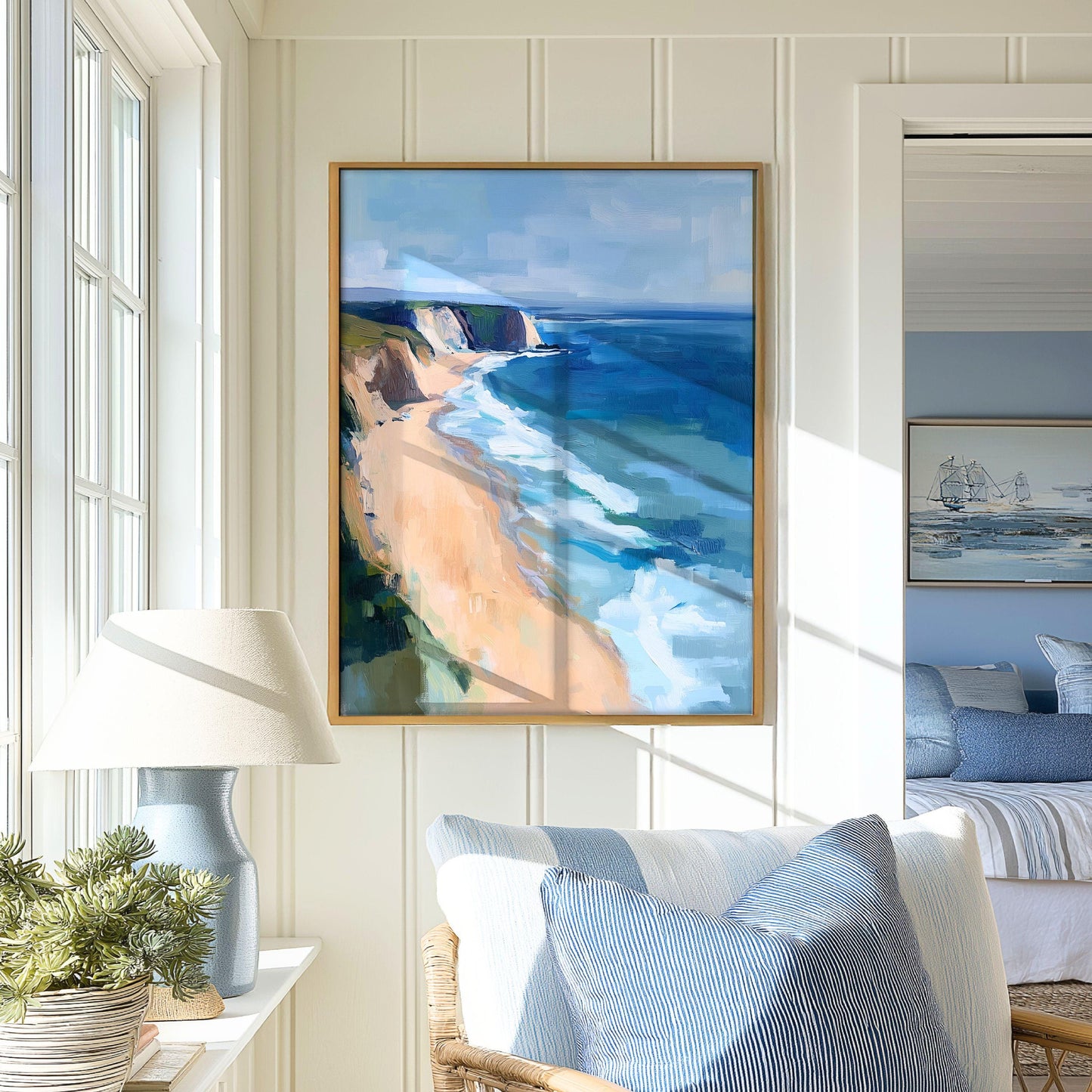 Pacific Ocean Cliff Art Print, Modern Beach House Decor, Vertical Artwork in Wrapped Canvas or Cotton Rag Paper, Framing Available
