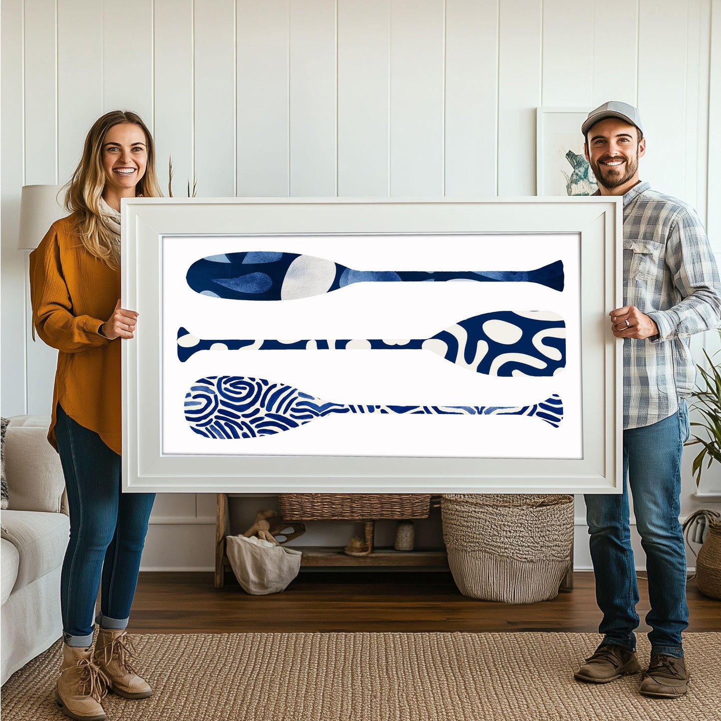 Set of 3 Blue and White Canoe Paddle Prints, Nautical Wall Art Beach House Decor, Family Room Art, Lake House Painting, SallieO