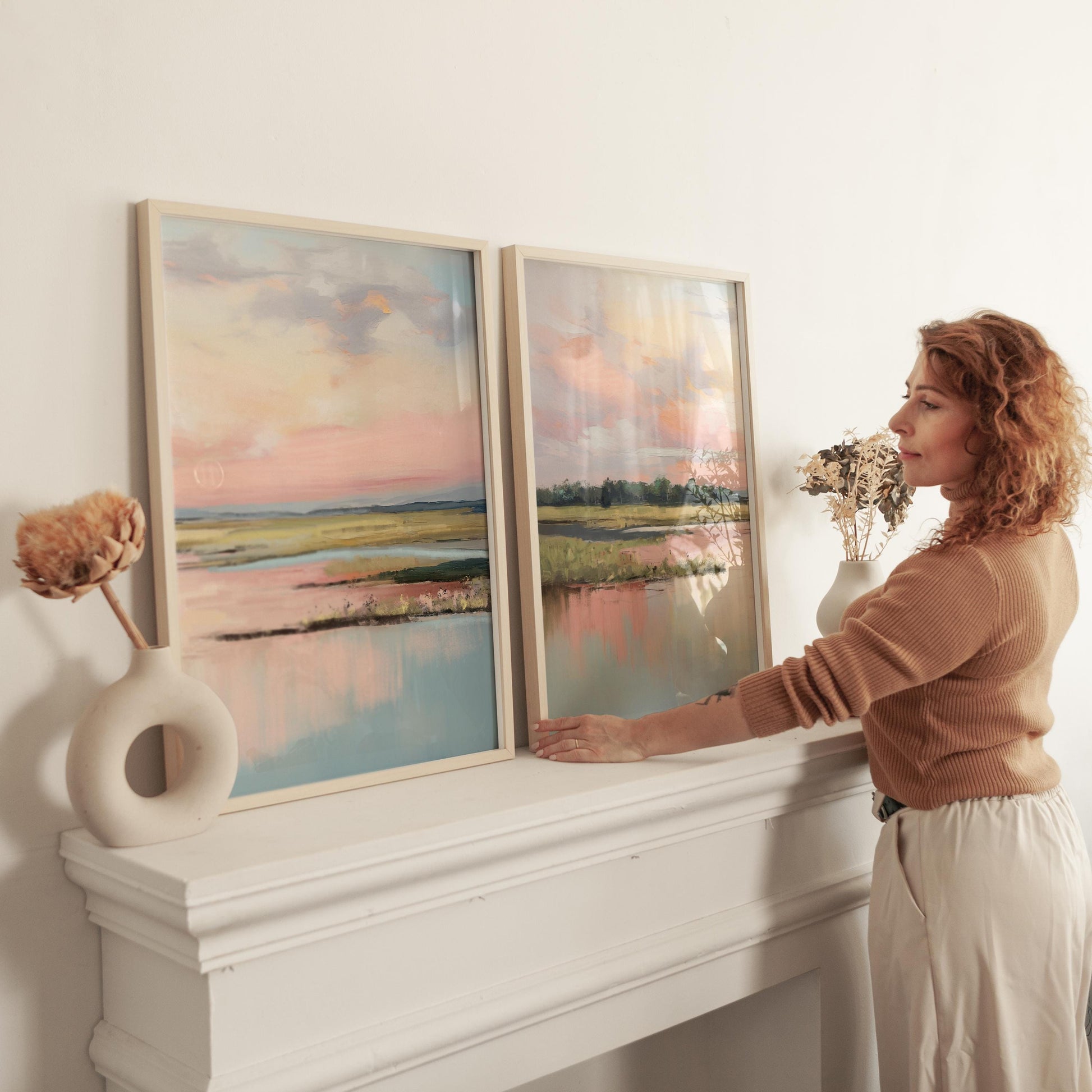 Coastal Marsh Diptych Prints: Pastel Sunrise Landscape Wall Art